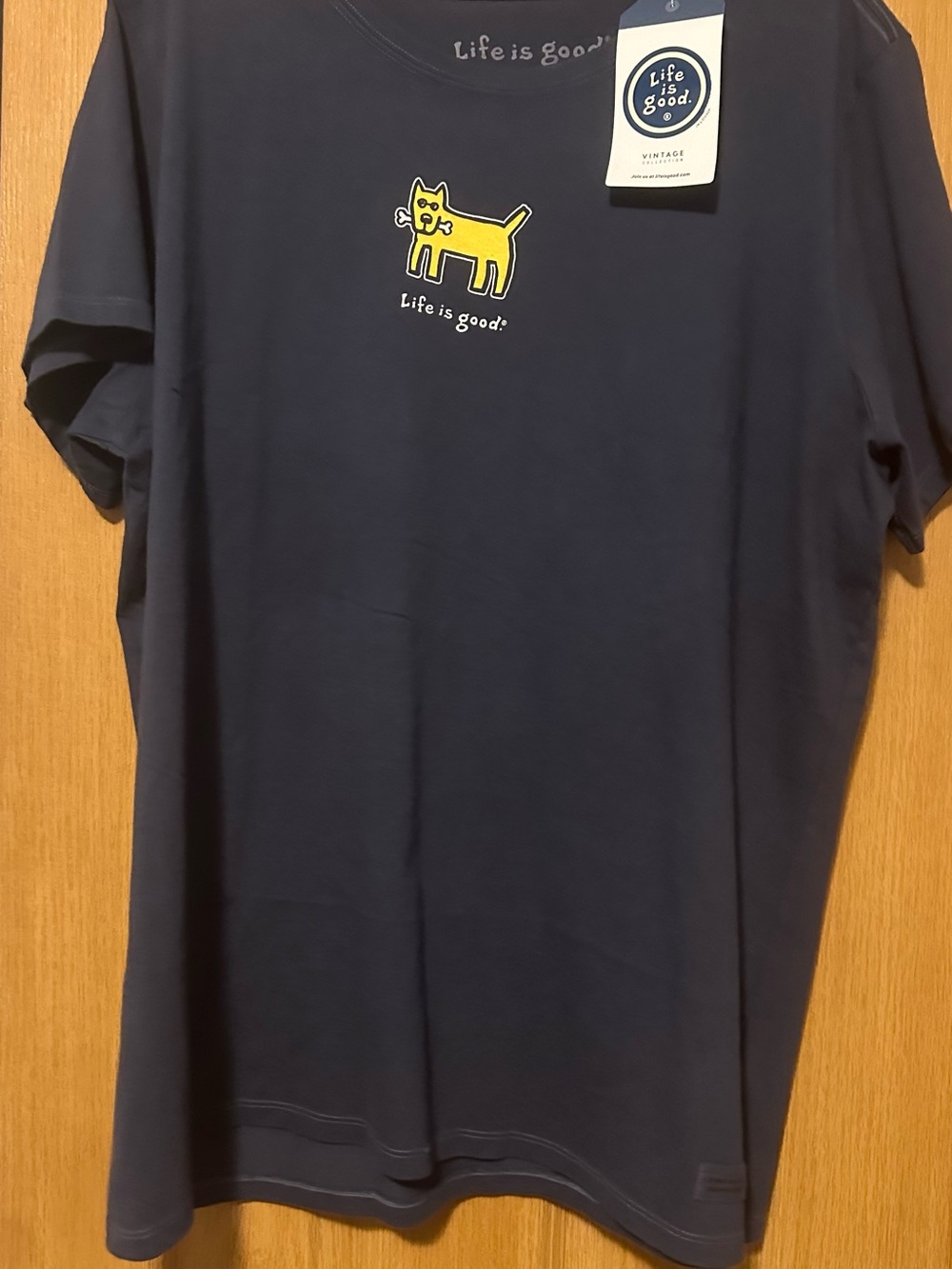 Life Is Good Navy Blue Short Sleeve Tee with Yellow Cat Graphic
